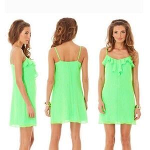 Lilly Pulitzer Gianna Silk Ruffle Dress L Fairycore Whimsy Green Gold Metallic